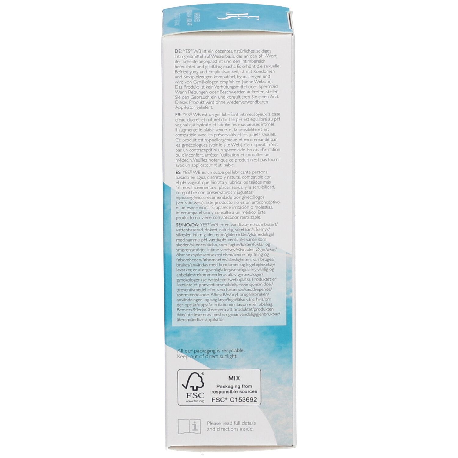 Côté de la boîte. Texte multilingue, informations sur le produit, instructions d'utilisation. Labels de recyclage et FSC.