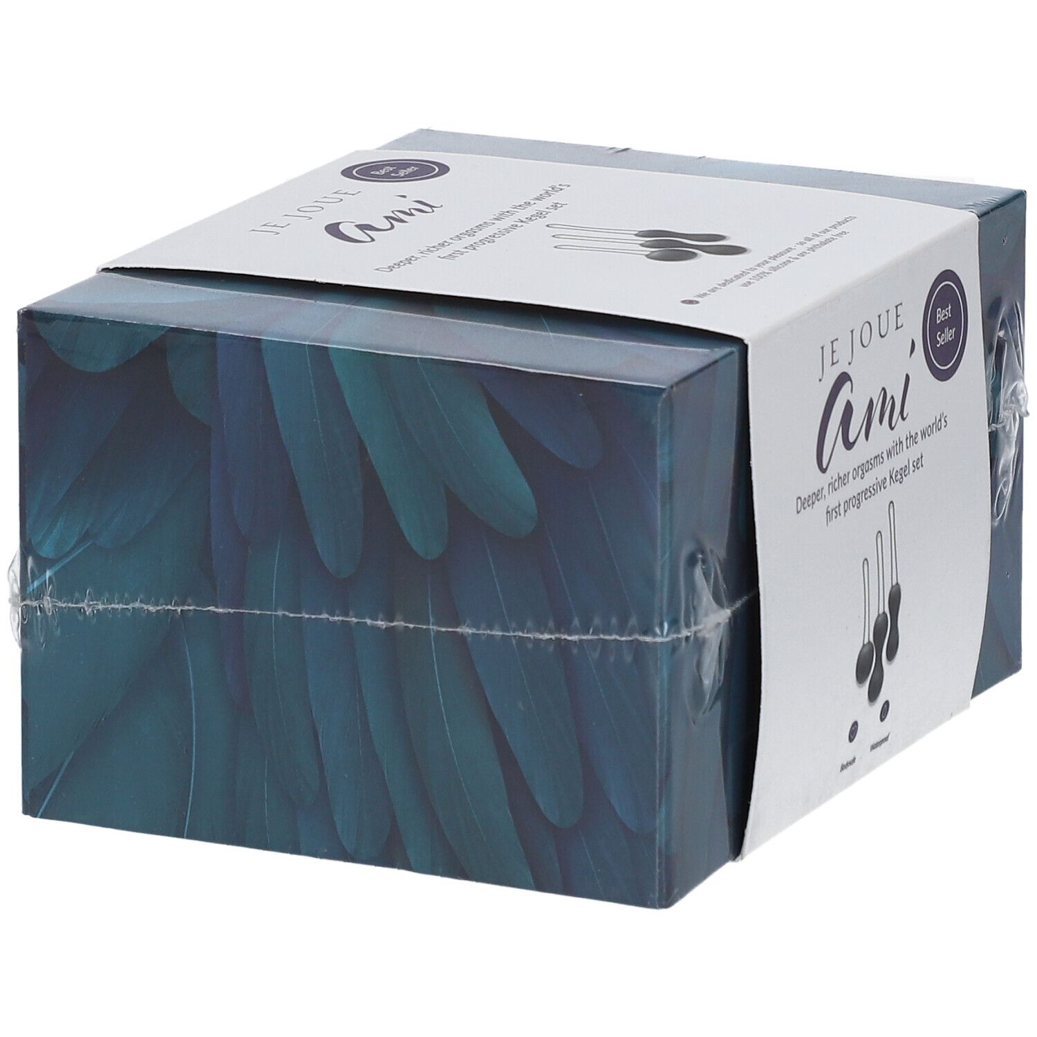 Emballage du set Je Joue Ami. Boîte avec motif de plumes bleues et informations produit. Label Best Seller.
