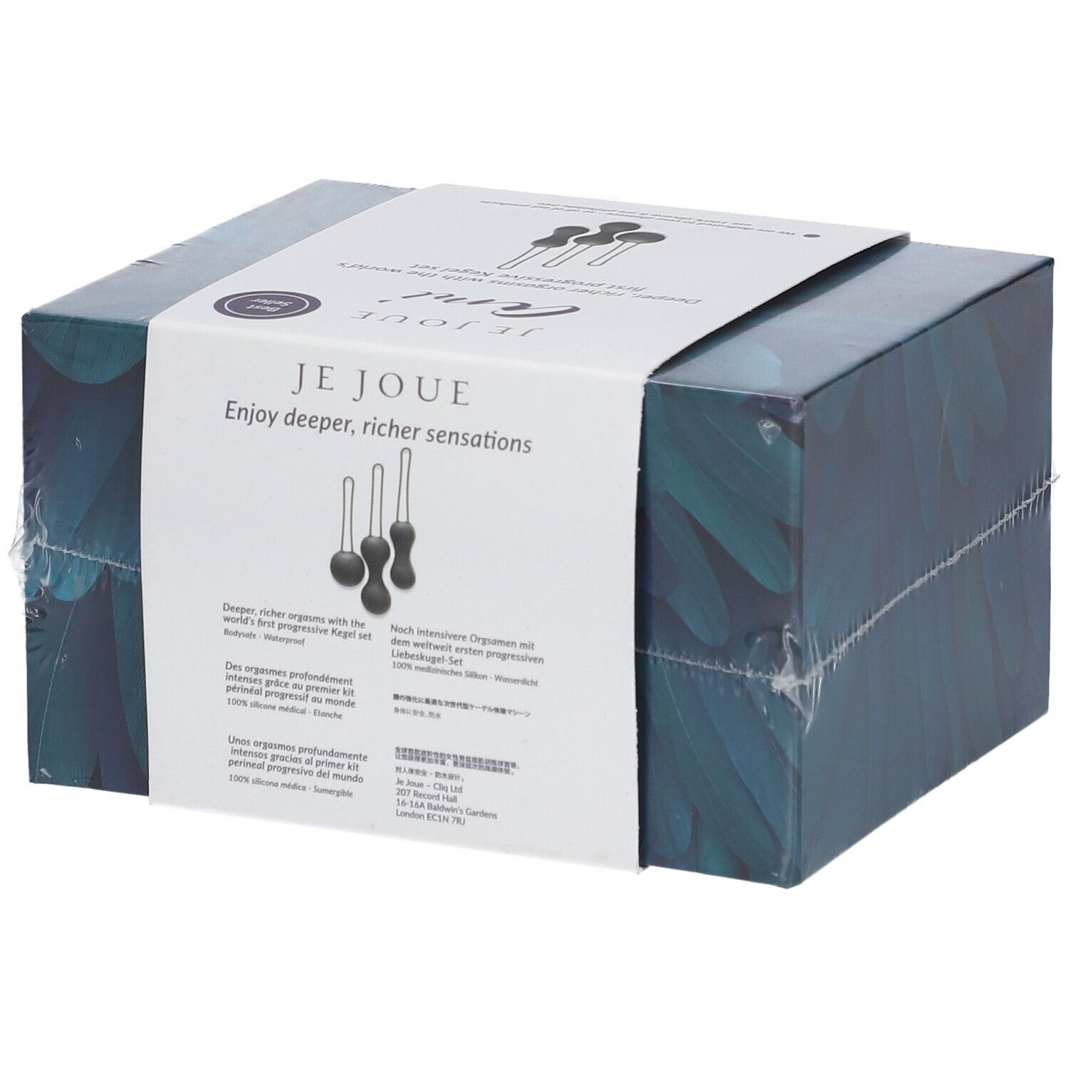 Emballage du set Je Joue Ami. Boîte avec motif de plumes bleues et informations produit. Texte: Enjoy deeper, richer sensations.