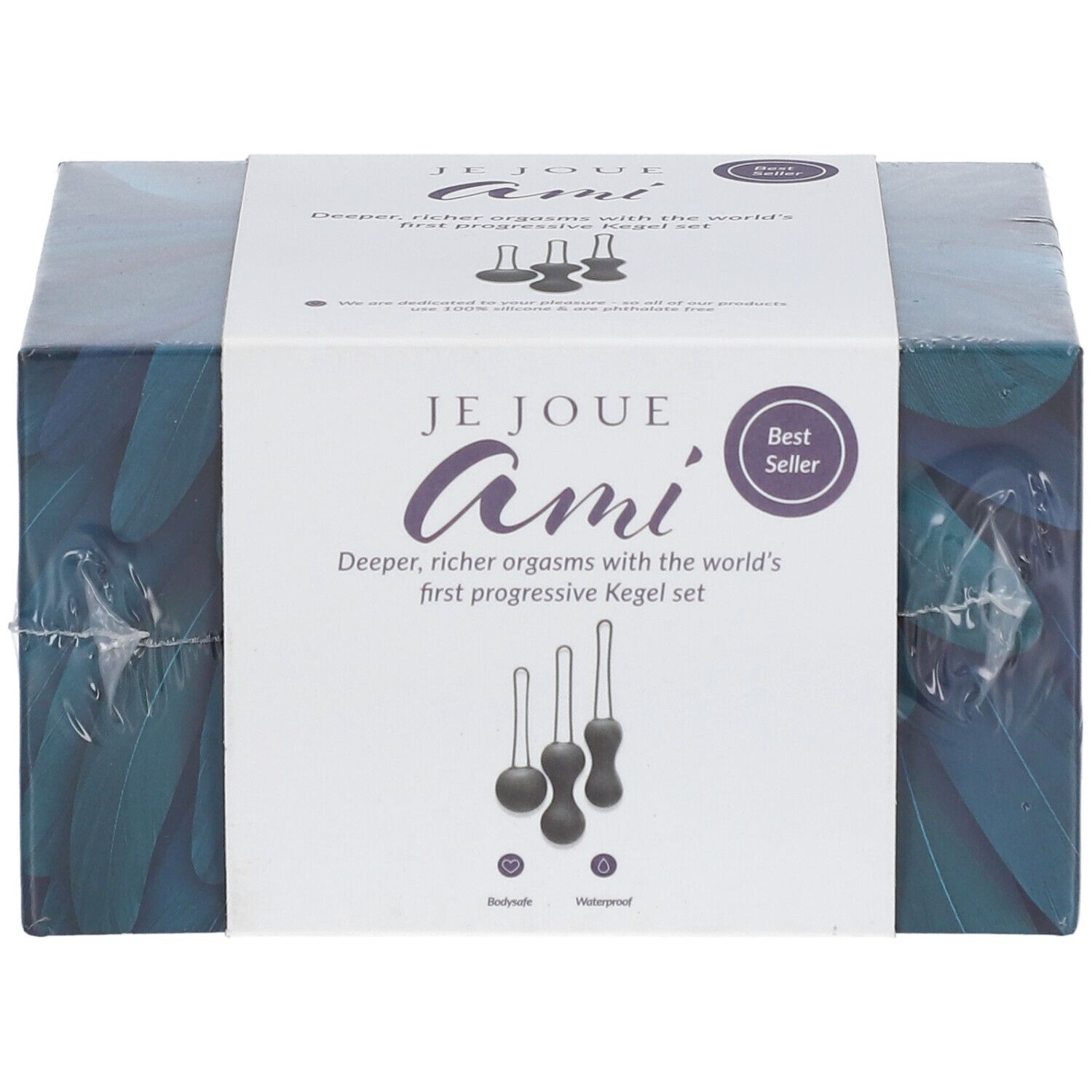 Emballage du set Je Joue Ami. Boîte avec image du produit et informations. Label Best Seller. Trois boules de Kegel.