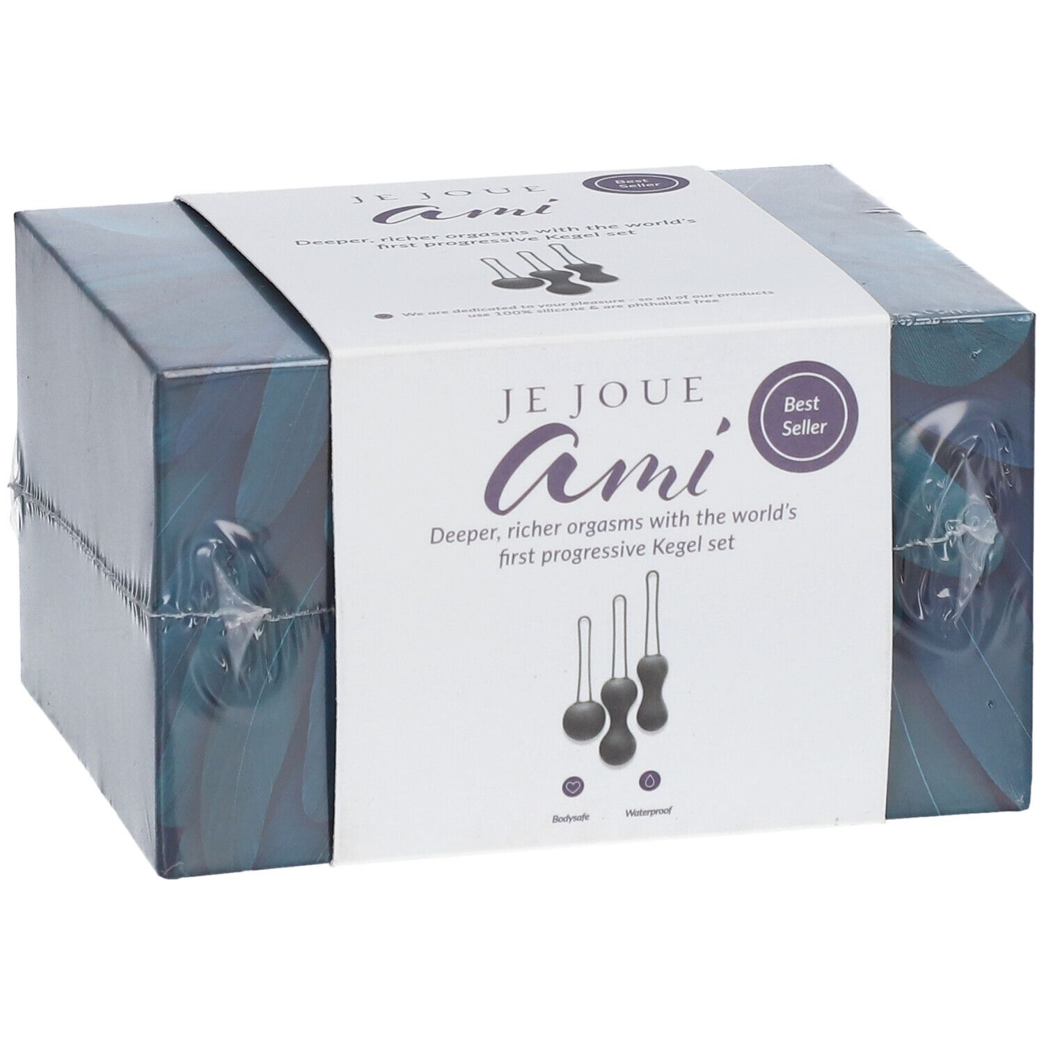 Emballage du set Je Joue Ami. Boîte avec image du produit et informations. Label Best Seller. Trois boules de Kegel.