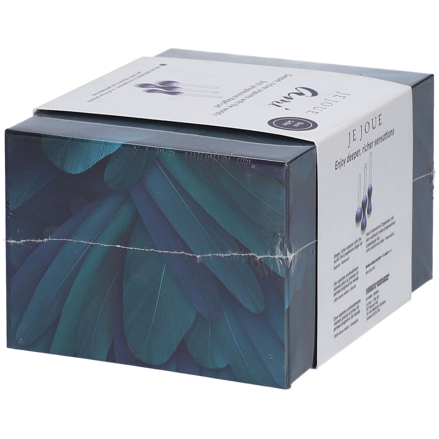 Verpackung mit Federmotiv und Produktabbildung.