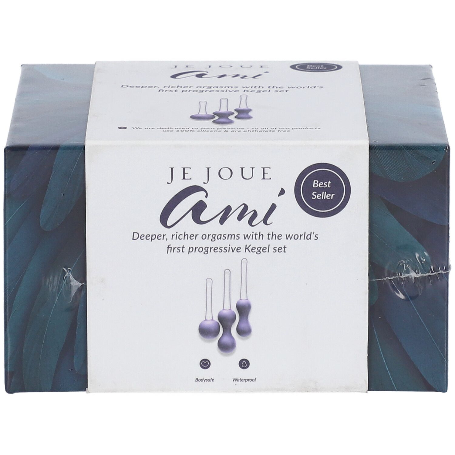 Verpackung eines progressiven Kegel-Sets mit drei lila Kegeln unterschiedlicher Größe. 'JE JOUE Ami' und 'Best Seller' sind sichtbar.