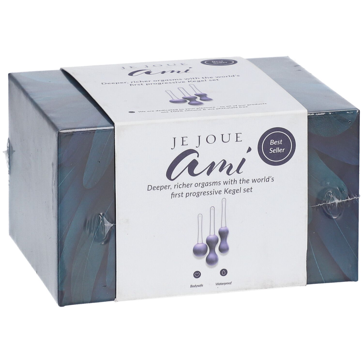 Verpackung für das progressive Kegel-Set 'Ami' von Je Joue, mit drei lila Kugeln unterschiedlicher Größe.
