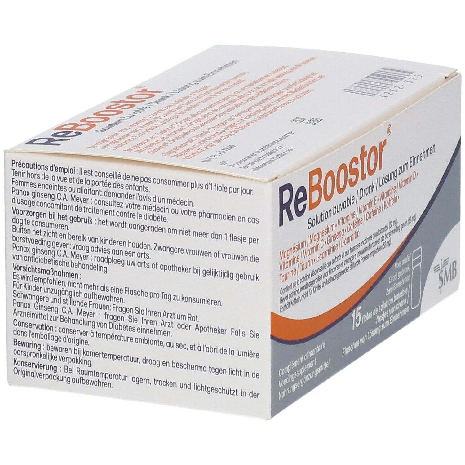 Doos "ReBoostor" met waarschuwingen. Bevat 15 flesjes drank. Oranje accenten.