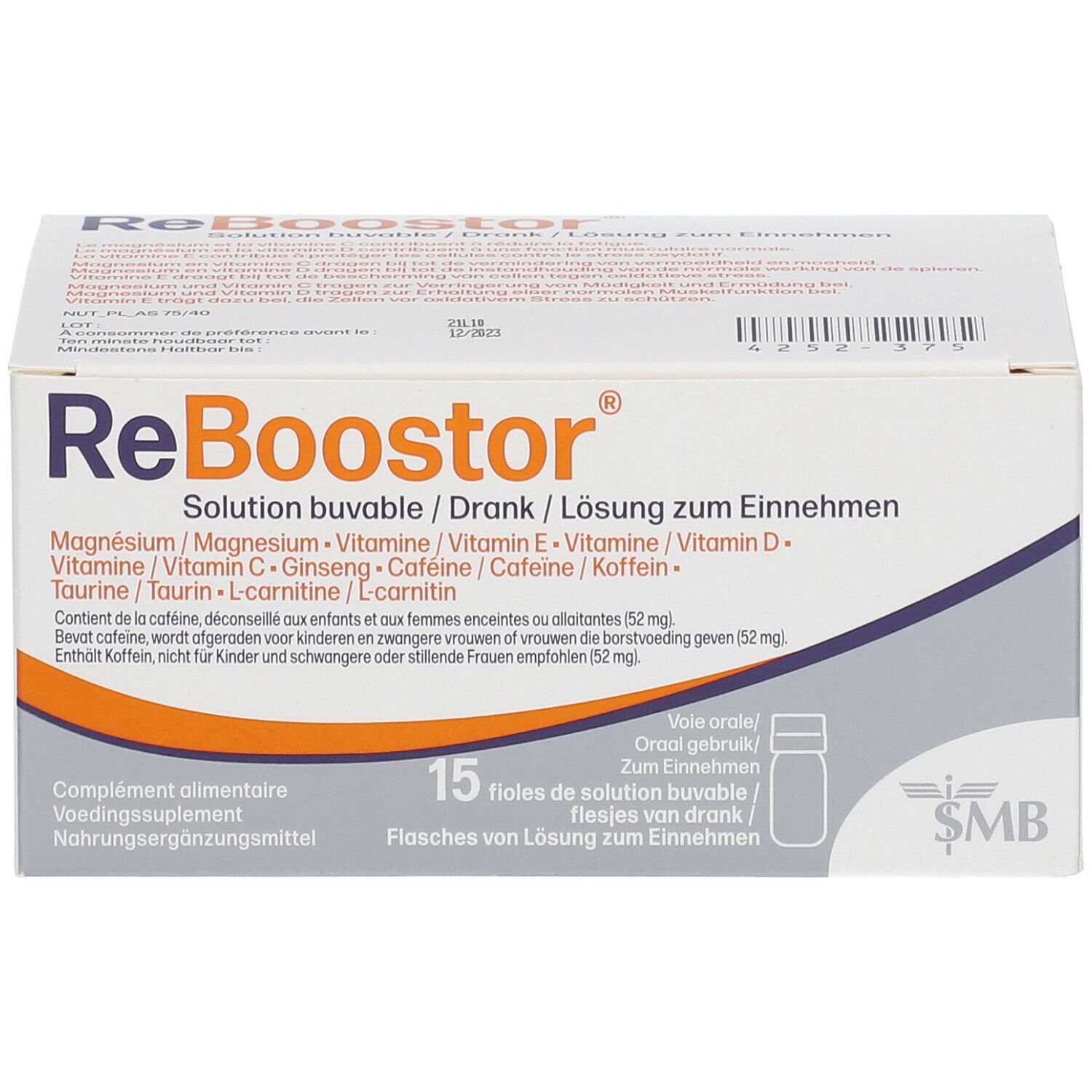 Doos "ReBoostor" met ingrediënten en dosering. 15 flesjes drank.