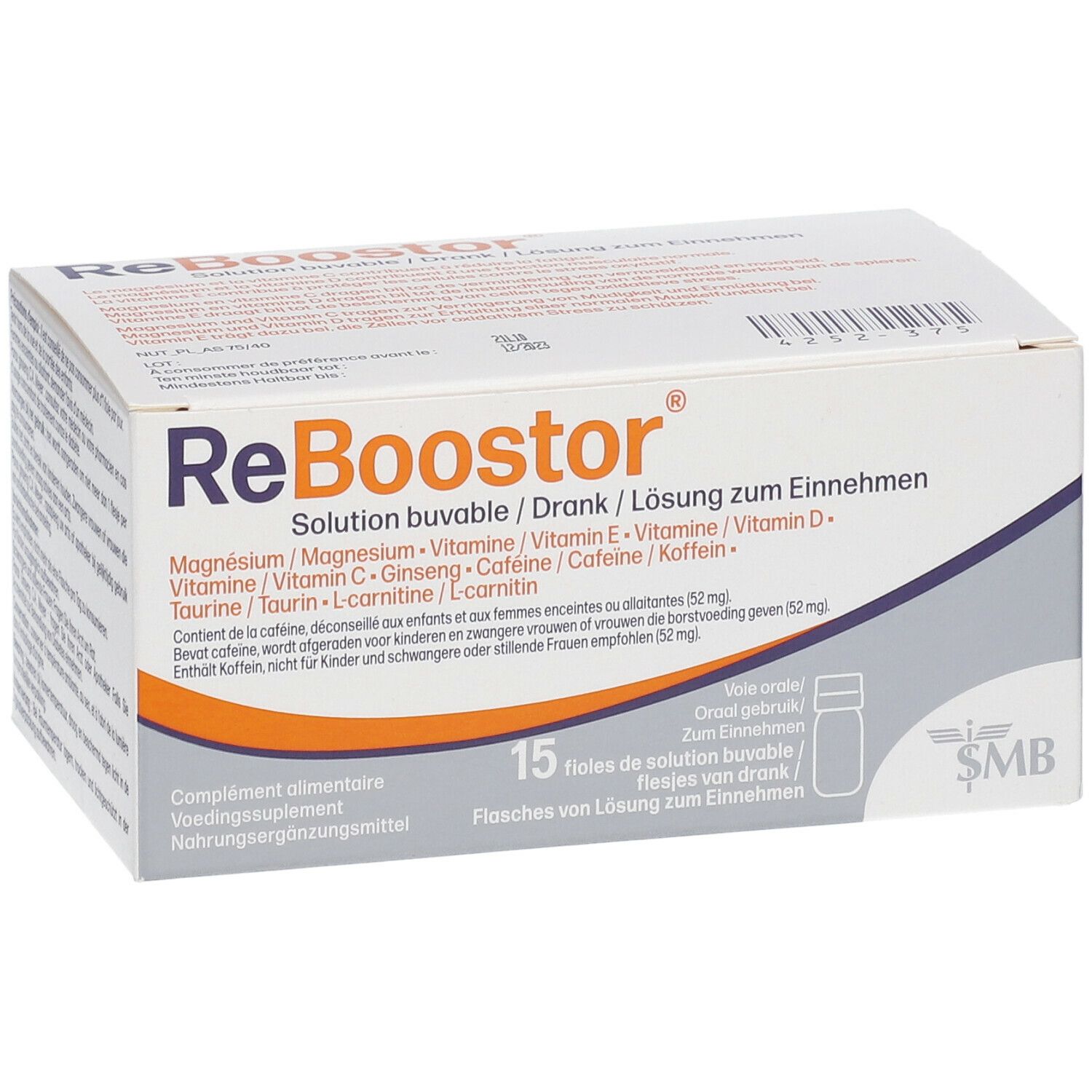Doos "ReBoostor" met ingrediënten en dosering. 15 flesjes drank. Oranje accenten.