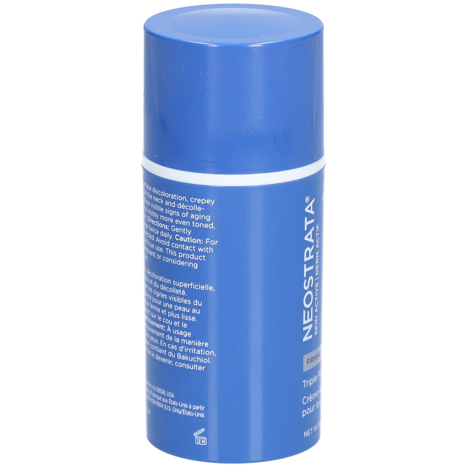 Blauwe cilindrische fles. Opschrift: NeoStrata Skin Active Firming Triple Neck Cream. Tekst over huidverzorging.