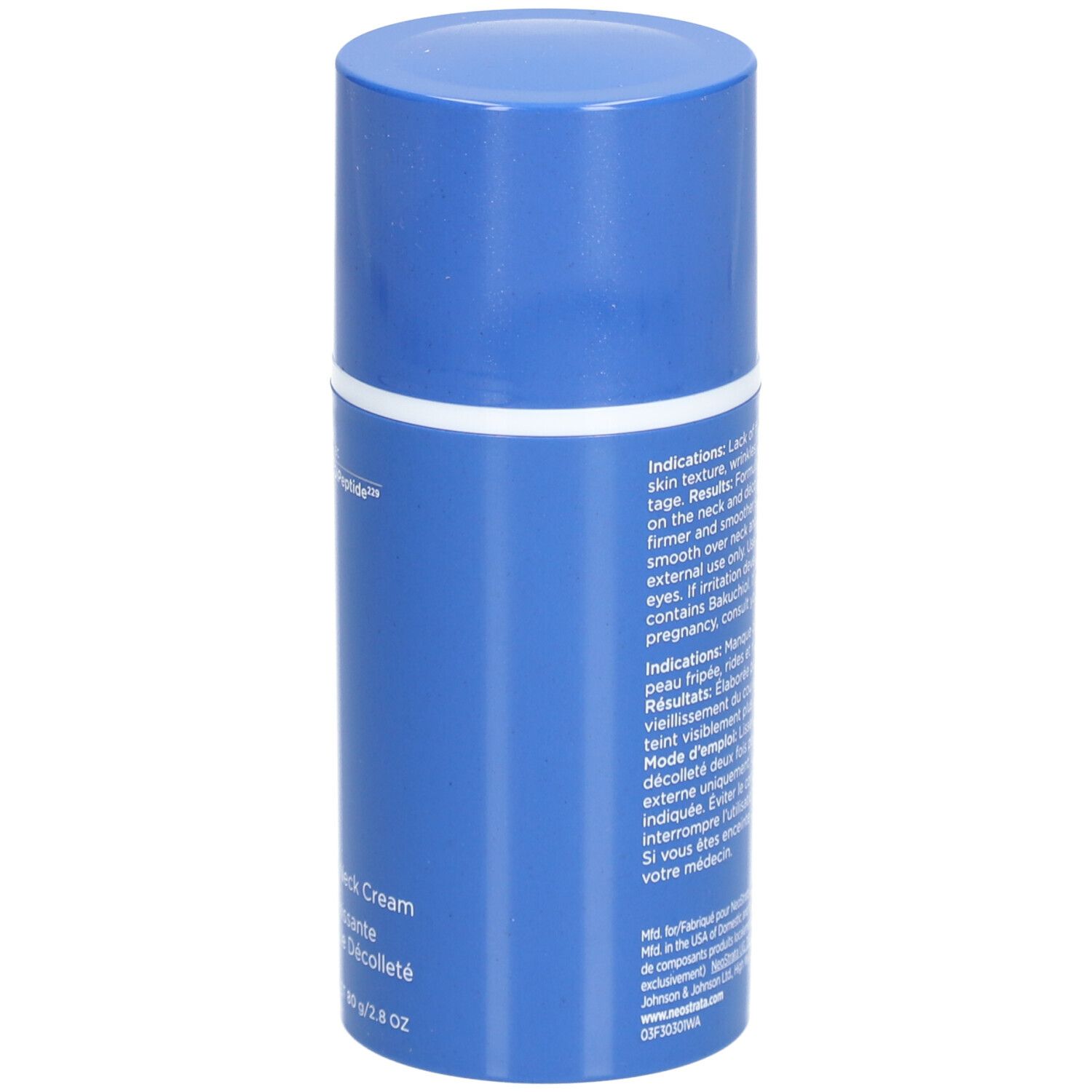 Blauwe cilindrische fles. Opschrift: NeoStrata Skin Active Firming Triple Neck Cream. Tekst over huidverzorging.