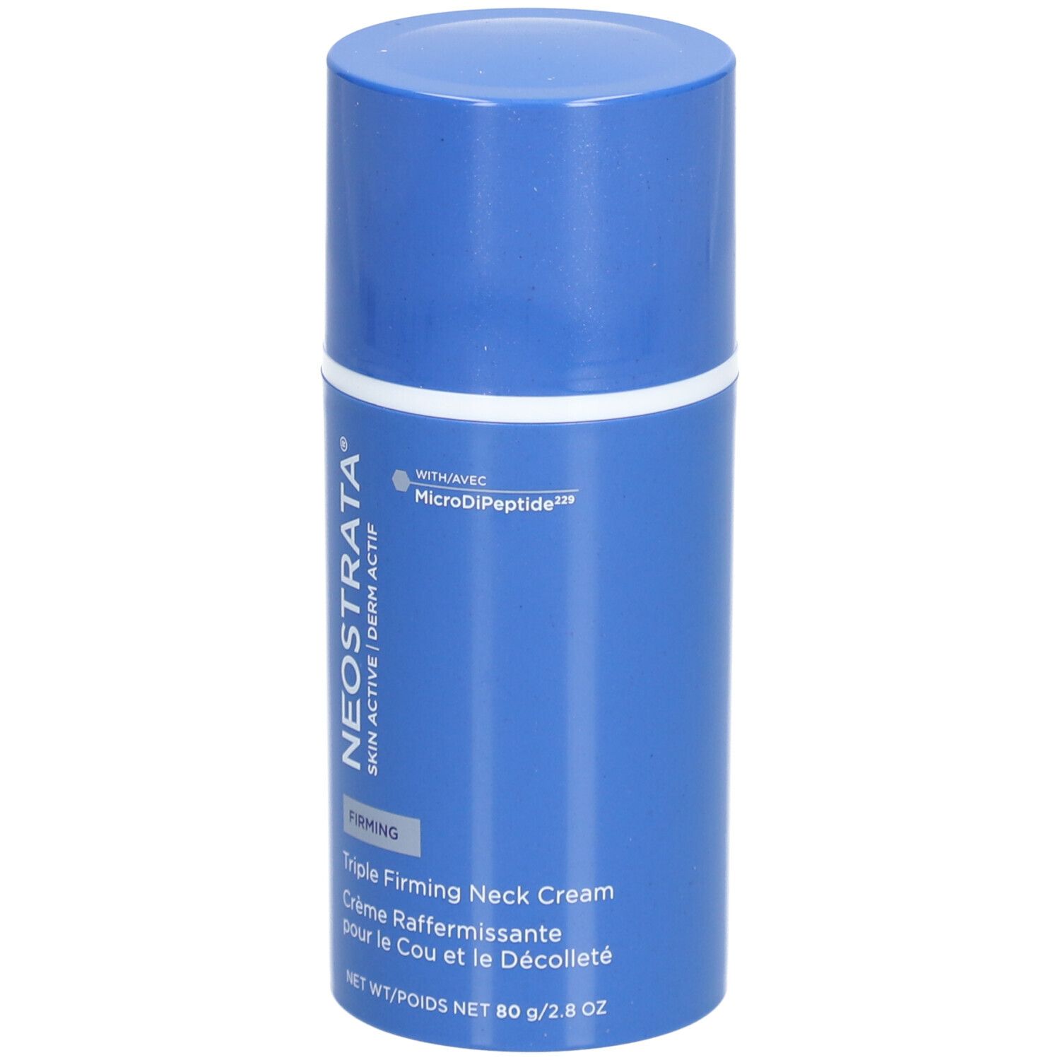 Blauw-witte cilindrische fles. Opschrift: NeoStrata Skin Active Firming Triple Neck Cream. Met MicroDiPeptide.