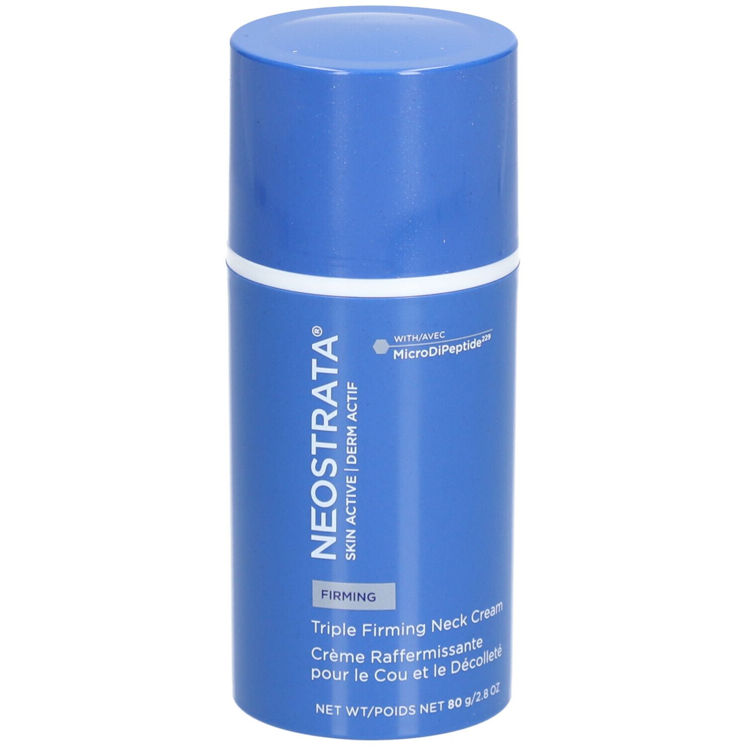 Blauw-witte cilindrische fles. Opschrift: NeoStrata Skin Active Firming Triple Neck Cream. Met MicroDiPeptide.
