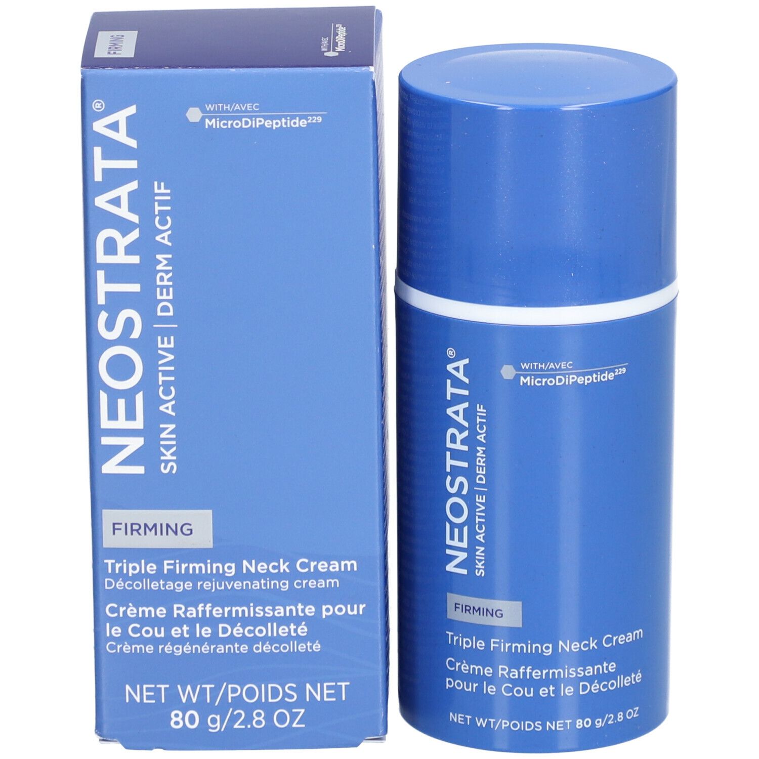 Productverpakking en fles. Opschrift: NeoStrata Skin Active Firming Triple Neck Cream. Met MicroDiPeptide.