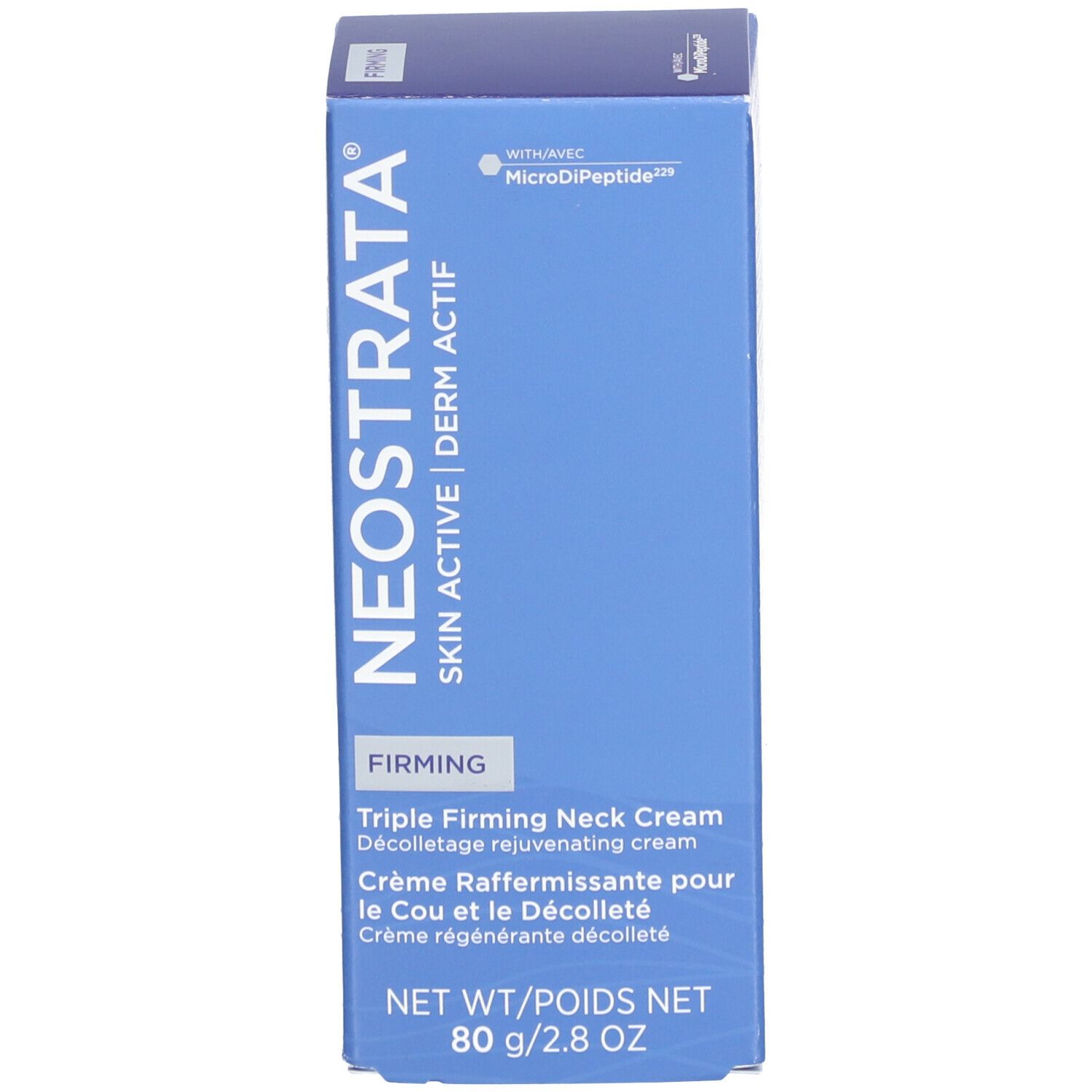 Productverpakking. Opschrift: NeoStrata Skin Active Firming Triple Neck Cream. Met MicroDiPeptide.