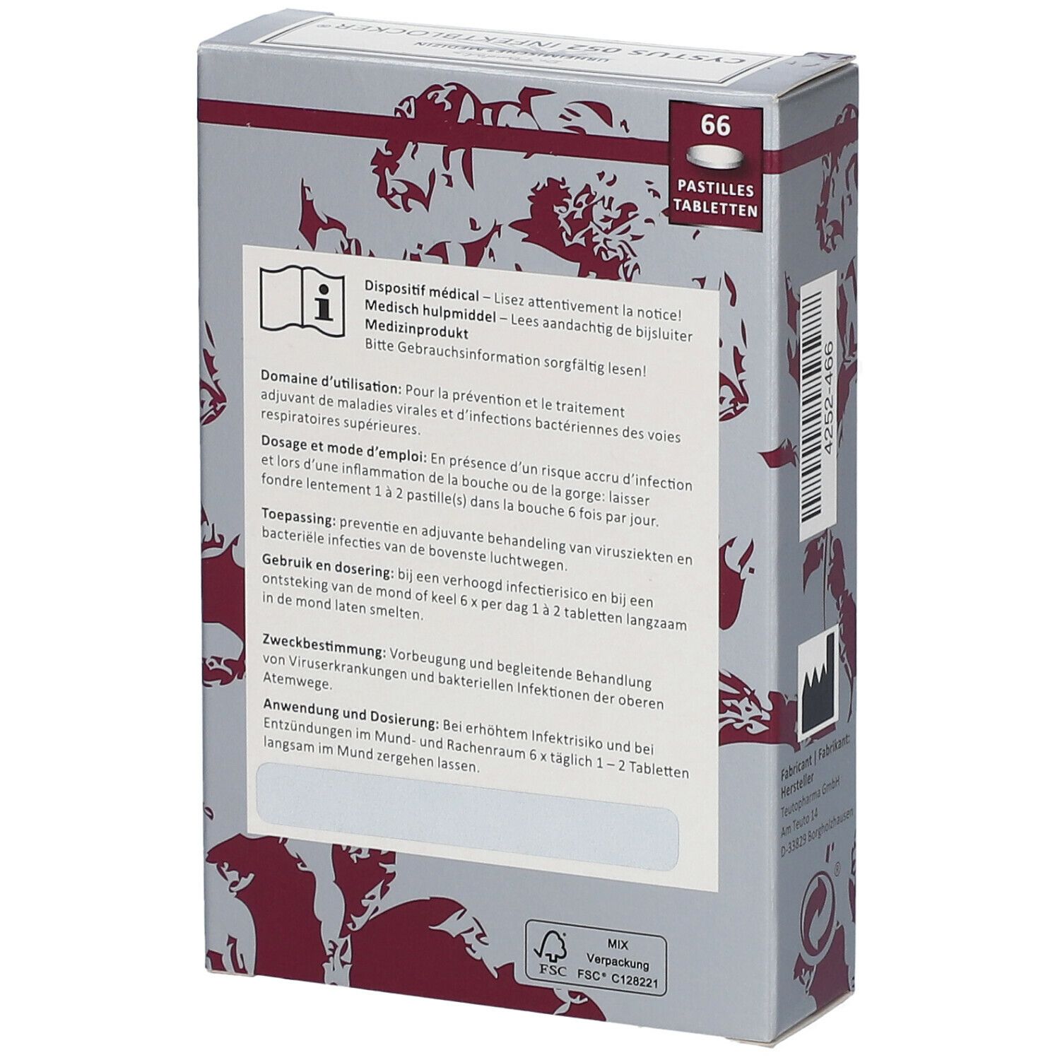 Achterkant doosje Cystus 052 Infektblocker. Meertalige tekst. Medisch hulpmiddel. FSC-certificering.