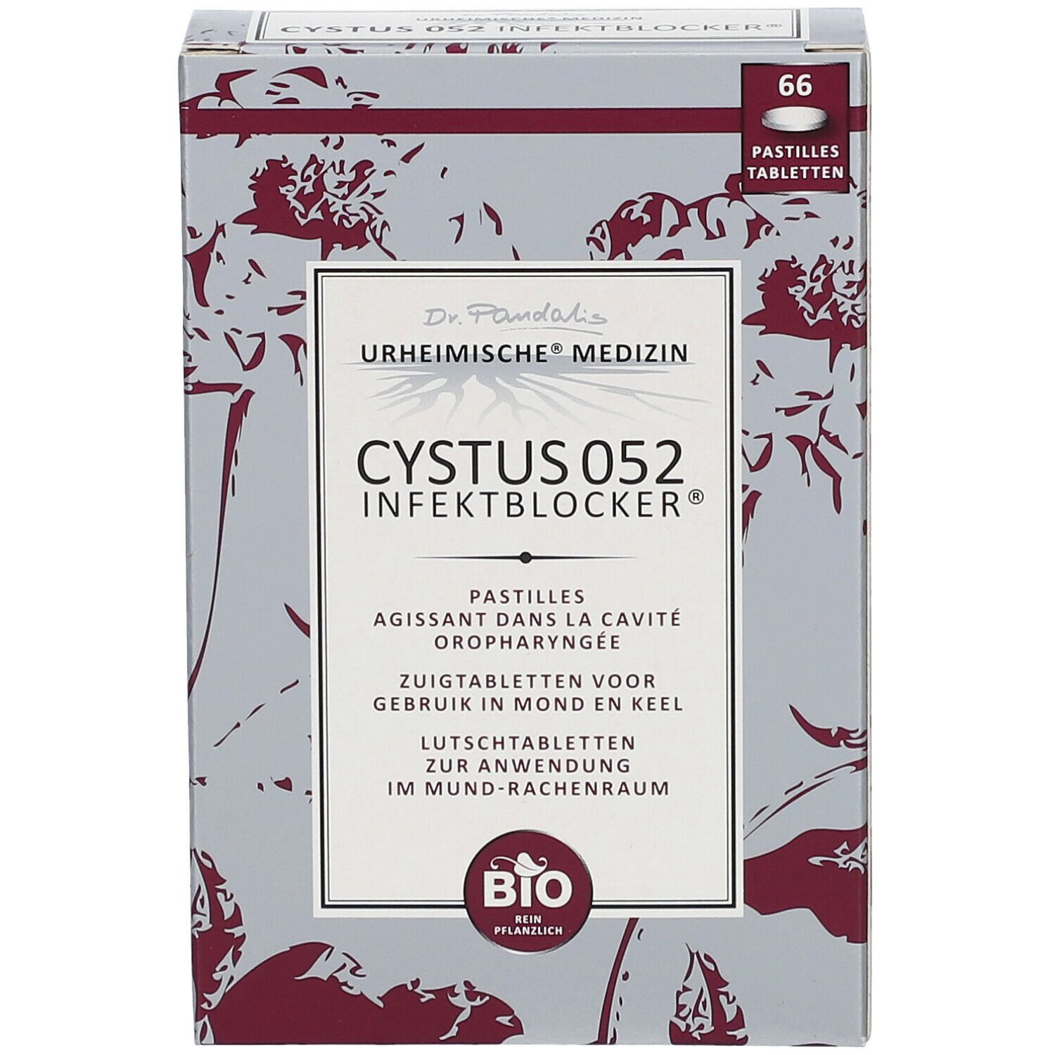 Doosje Cystus 052 Infektblocker. Opschrift: zuigtabletten, BIO. 66 tabletten. Grijze achtergrond met bloemmotief.