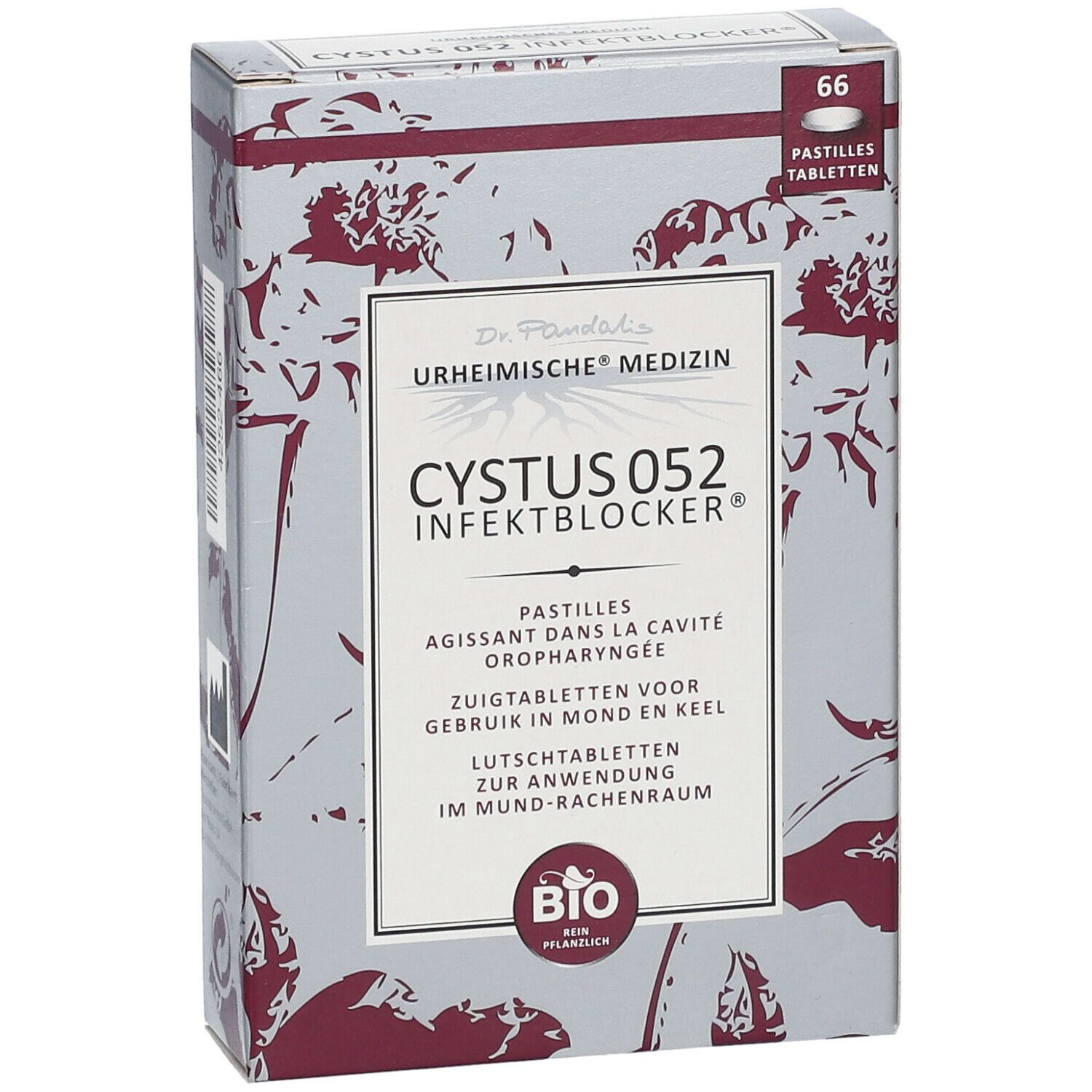 Doosje Cystus 052 Infektblocker. Opschrift: zuigtabletten, BIO. 66 tabletten. Grijze achtergrond met bloemmotief.