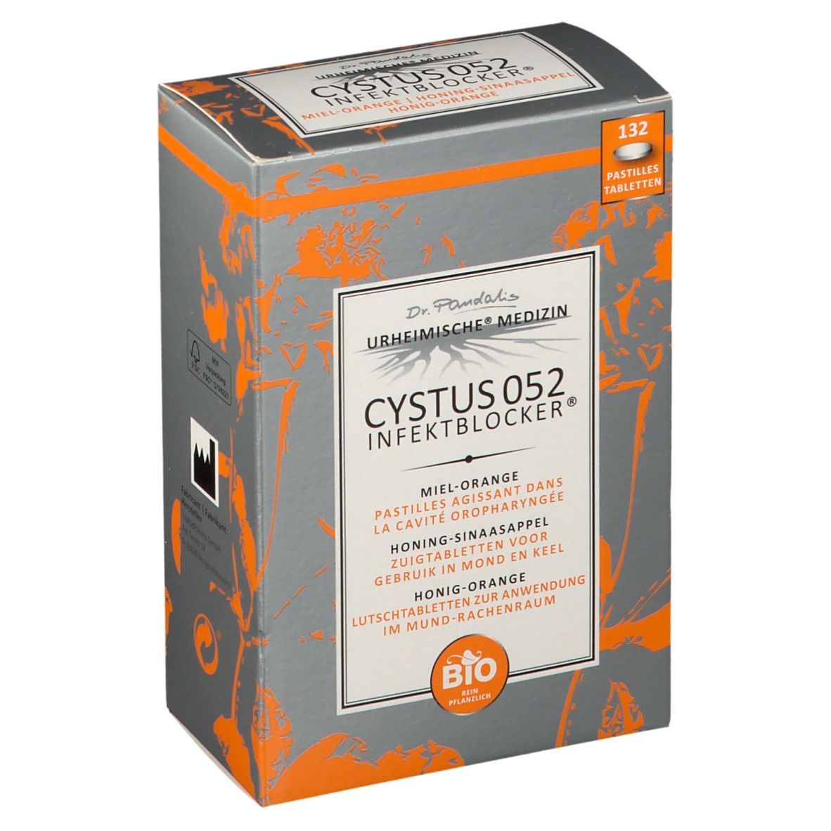Boîte de Cystus 052 Infektblocker. Inscription: Miel-Orange, 132 pastilles. Label Bio.