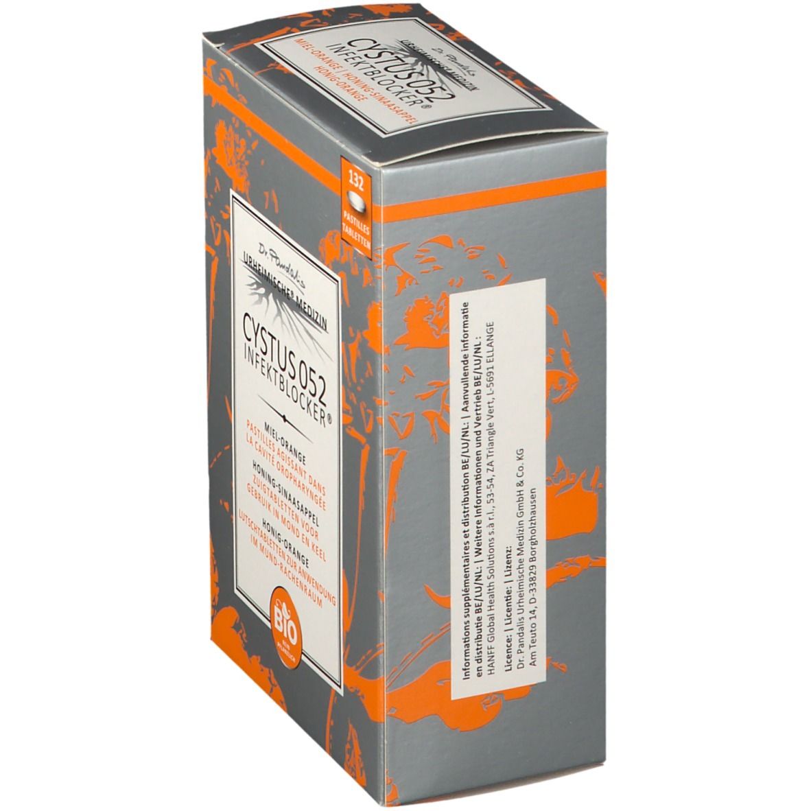 Vue latérale de l'emballage Cystus 052 Infektblocker. Texte: Informations, 132 pastilles.