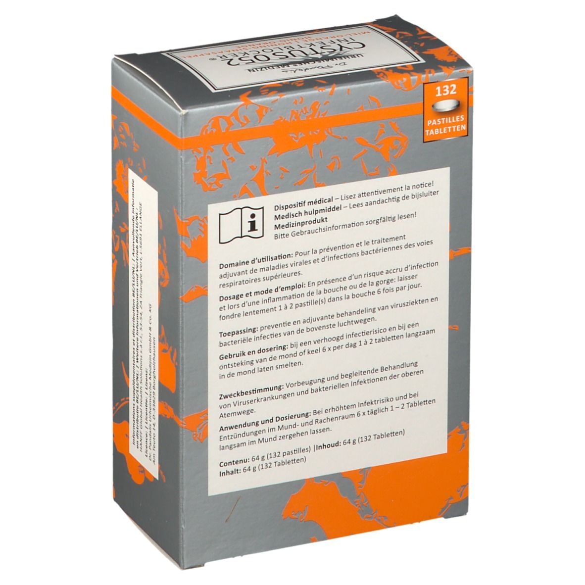 Dos de l'emballage Cystus 052 Infektblocker. Texte: Mode d'emploi, 132 pastilles.