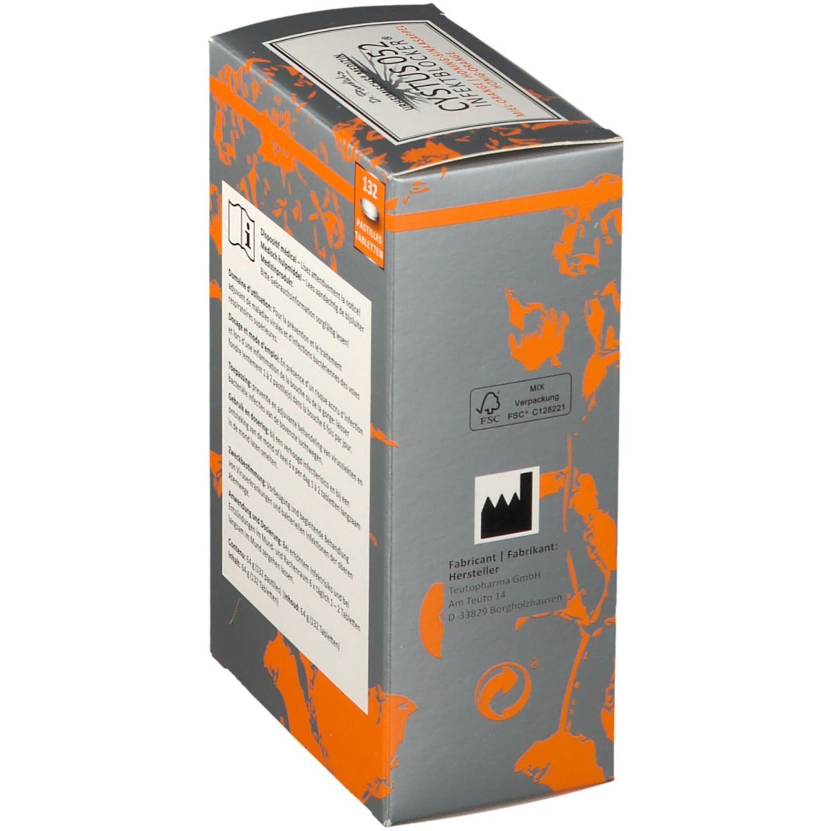 Vue latérale de l'emballage Cystus 052 Infektblocker. Texte: Fabricant, label FSC, 132 pastilles.