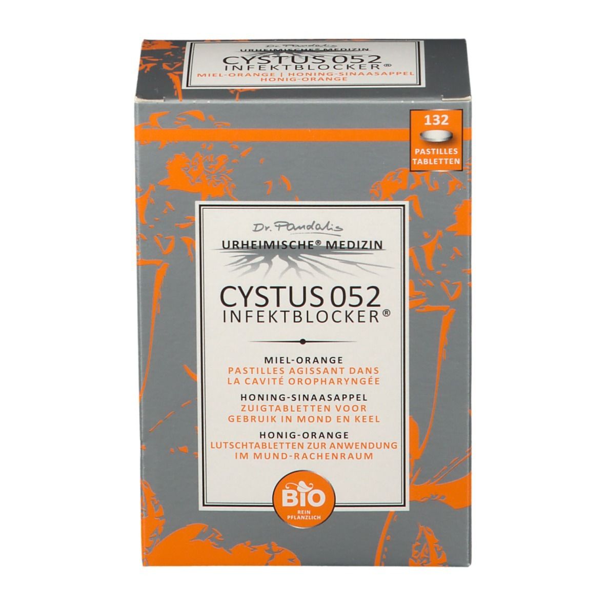 Boîte de Cystus 052 Infektblocker. Inscription: Miel-Orange, 132 pastilles. Label Bio.