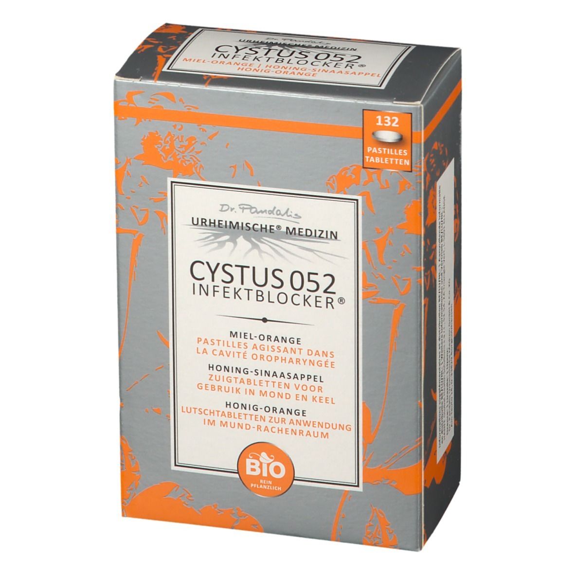 Boîte de Cystus 052 Infektblocker. Inscription: Miel-Orange, 132 pastilles. Label Bio.