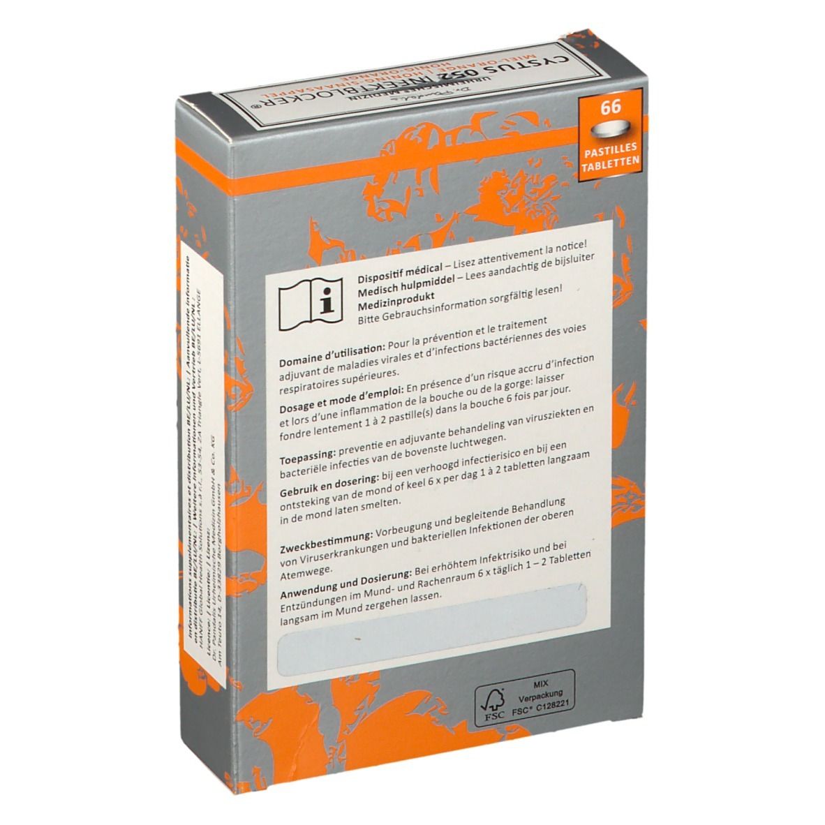 Achterkant van de grijze doos. Tekstinformatie en een wit veld. Oranje accenten.