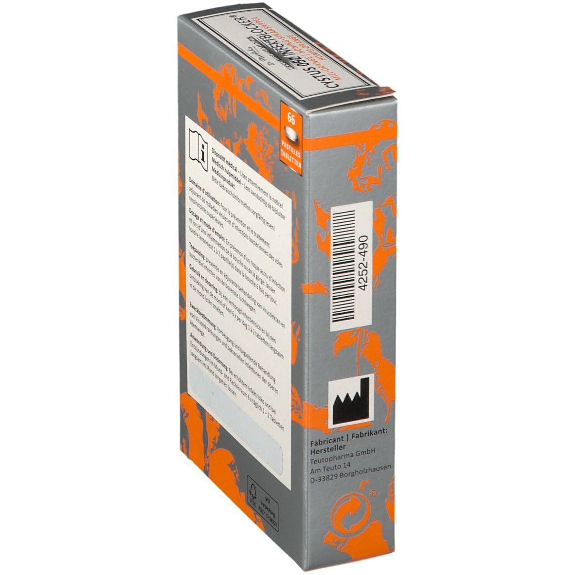Zijaanzicht van een grijze doos. Barcode en tekst. Oranje accenten.