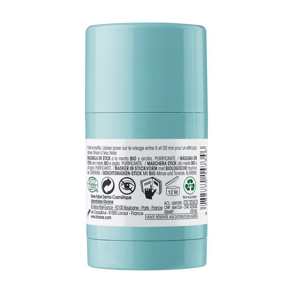 Lichtblauwe stick. Opschrift: KLORANE, Masque en stick, met BIO-munt en klei. Groen-wit etiket.