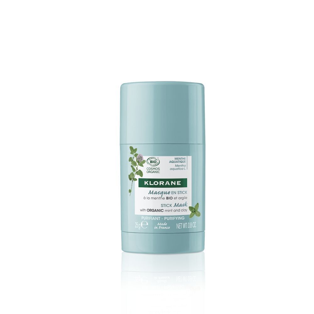 Lichtblauwe stick. Opschrift: KLORANE, Masque en stick, met BIO-munt en klei. Groen-wit etiket.