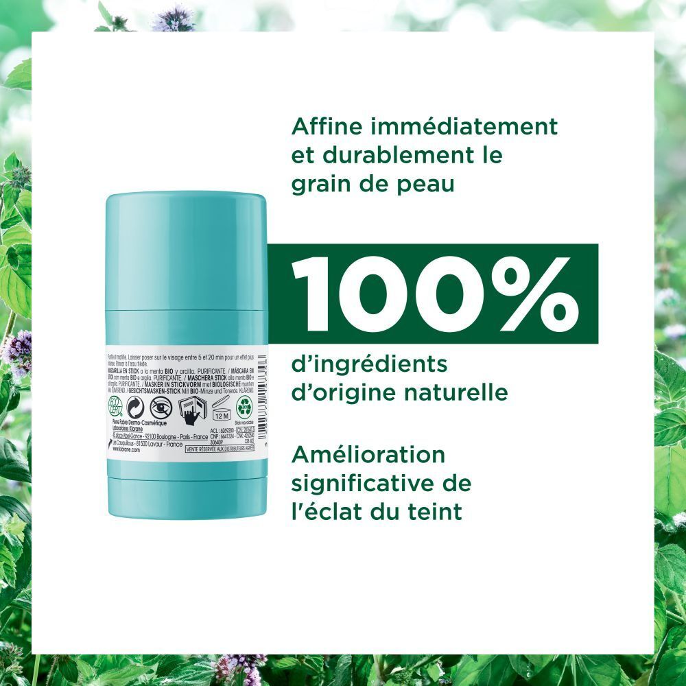 Stick de masque bleu clair. Inscription: KLORANE, Masque en stick, à la menthe BIO et argile. Étiquette verte et blanche.