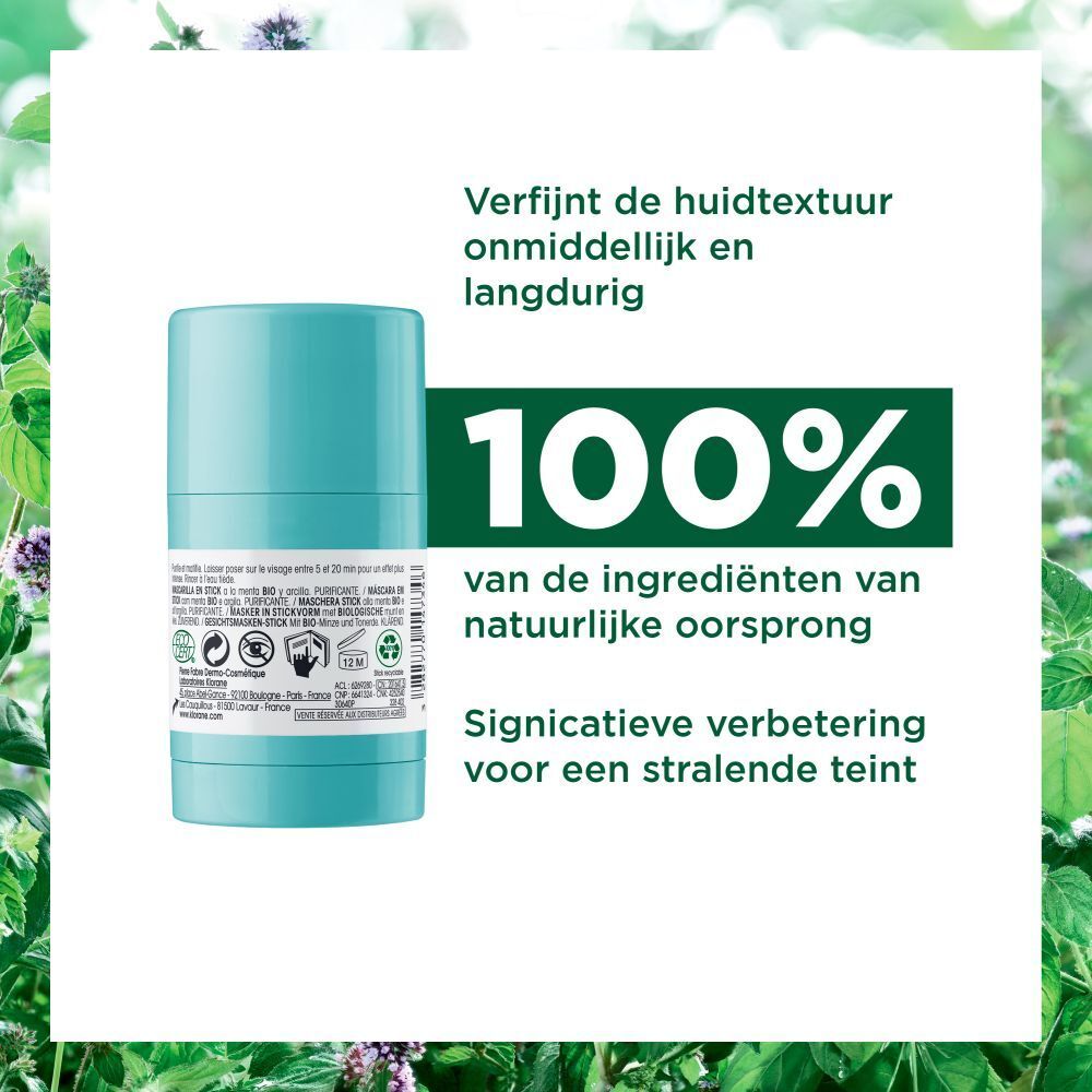 Lichtblauwe stick. Opschrift: KLORANE, Masque en stick, met BIO-munt en klei. Groen-wit etiket.