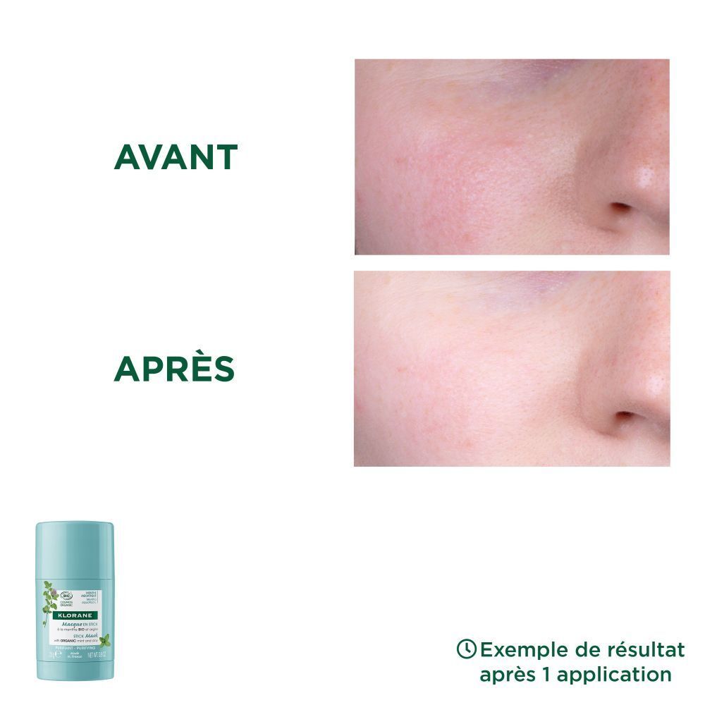 Stick de masque bleu clair. Inscription: KLORANE, Masque en stick, à la menthe BIO et argile. Étiquette verte et blanche.
