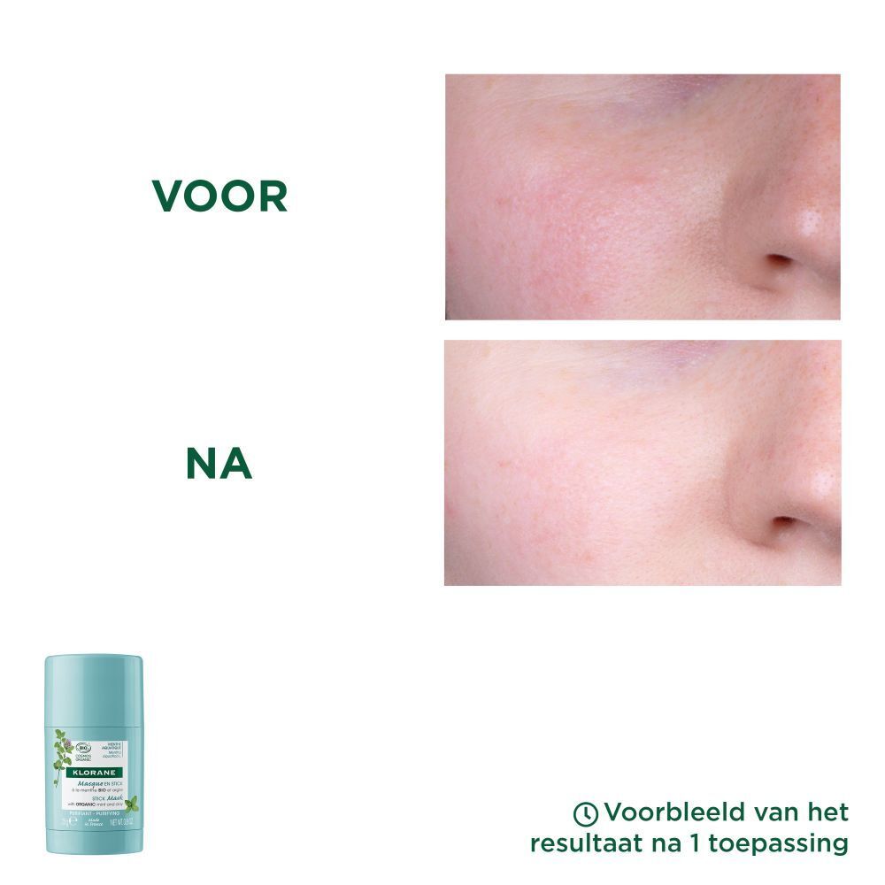Lichtblauwe stick. Opschrift: KLORANE, Masque en stick, met BIO-munt en klei. Groen-wit etiket.