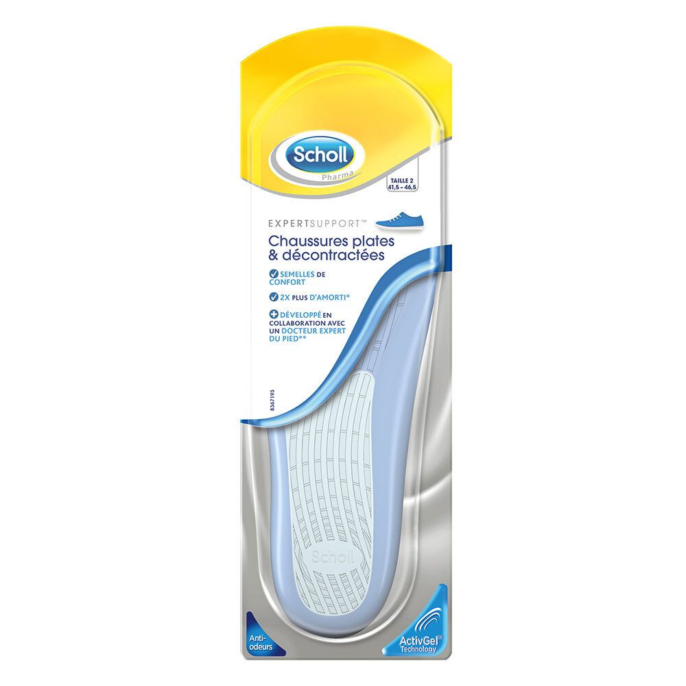 Scholl inlegzool in verpakking. Blauwe gel inlegzool met wit patroon. Gele en blauwe verpakking met productinformatie.