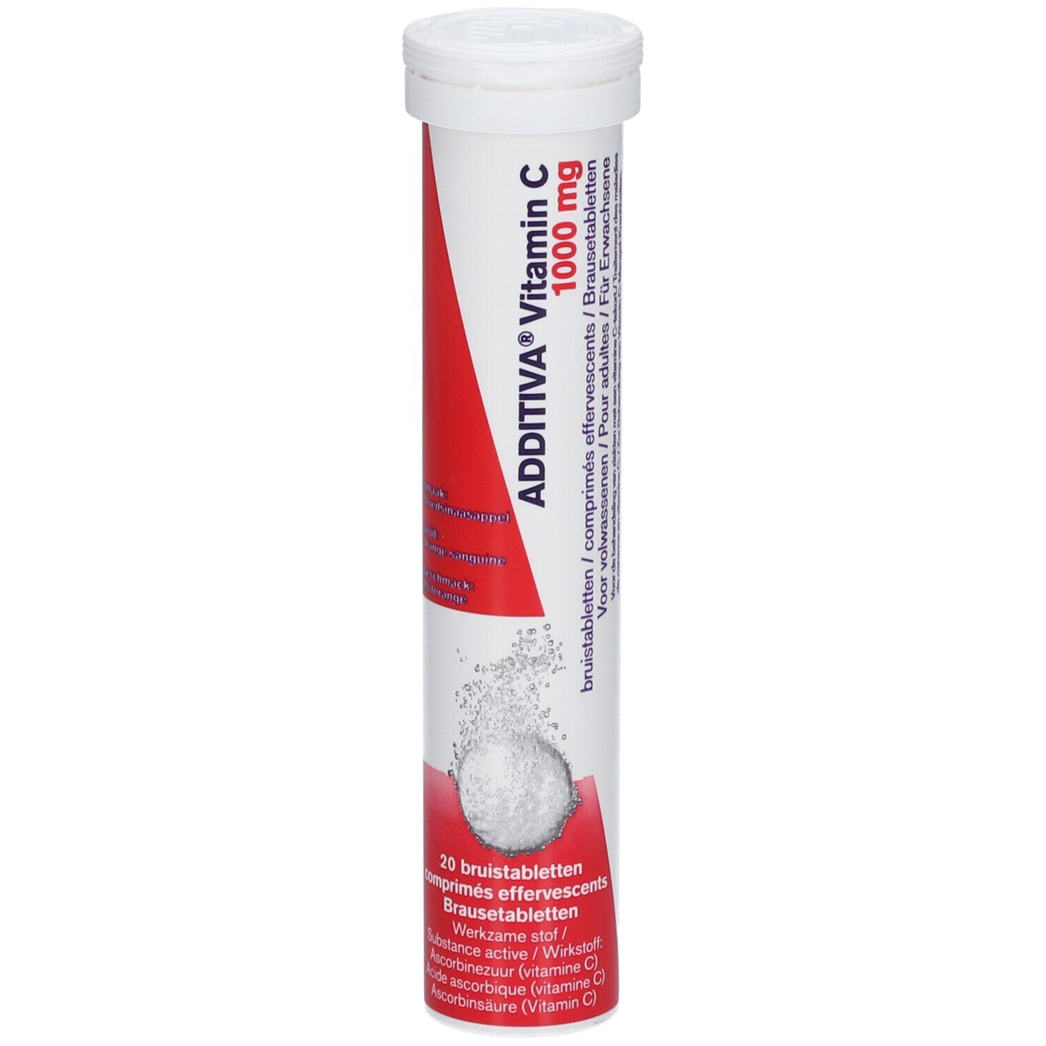 Tube Additiva Vitamin C 1000 mg. Comprimés effervescents. Bouchon blanc, bande rouge. 20 comprimés.