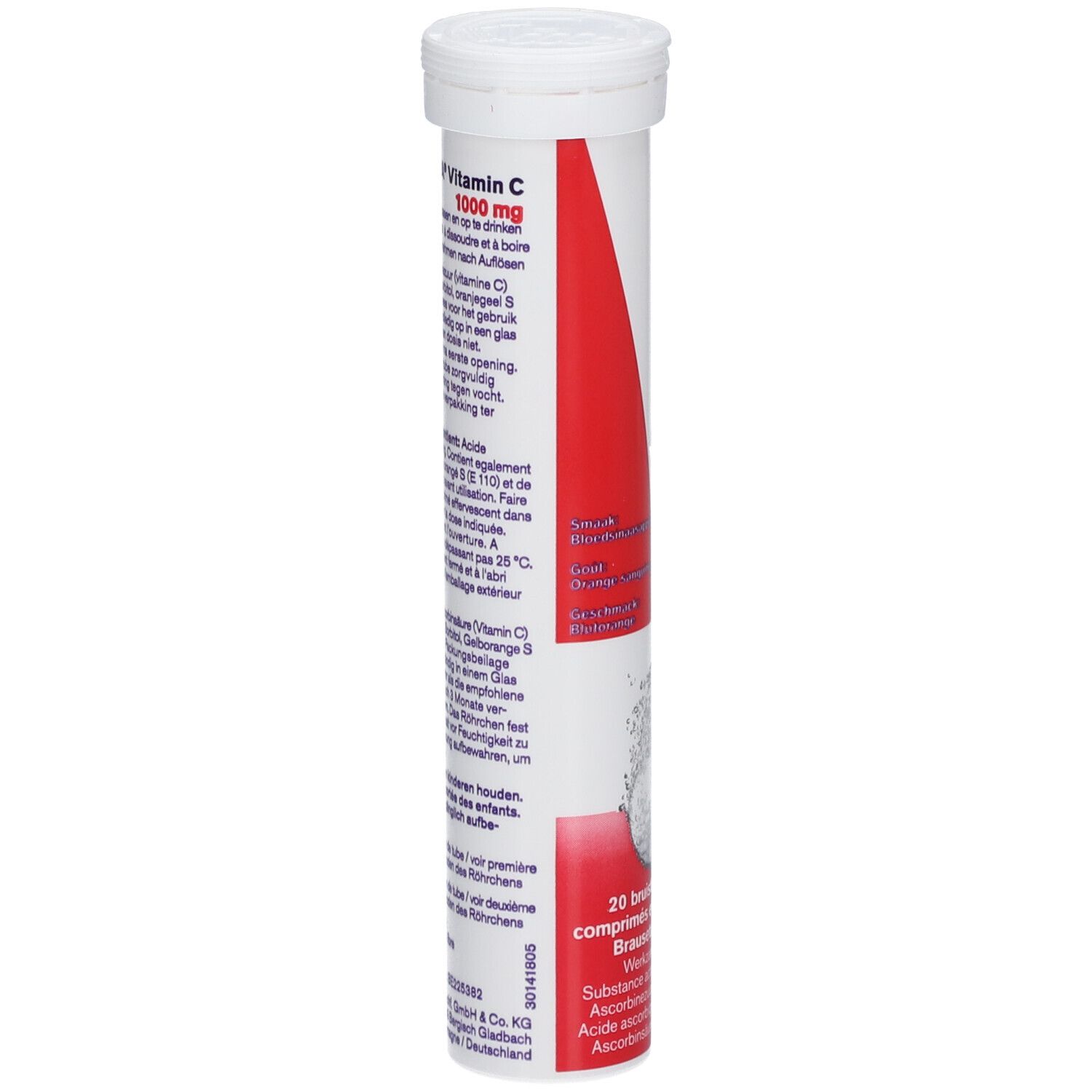 Tube Additiva Vitamin C 1000 mg. Comprimés effervescents. Bouchon blanc, bande rouge. Texte.