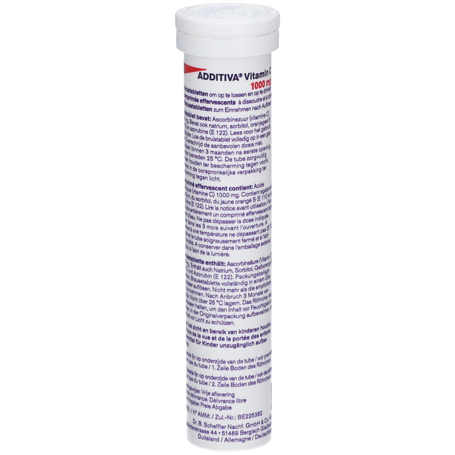 Tube Additiva Vitamin C 1000 mg. Comprimés effervescents. Bouchon blanc, bande rouge. Texte.