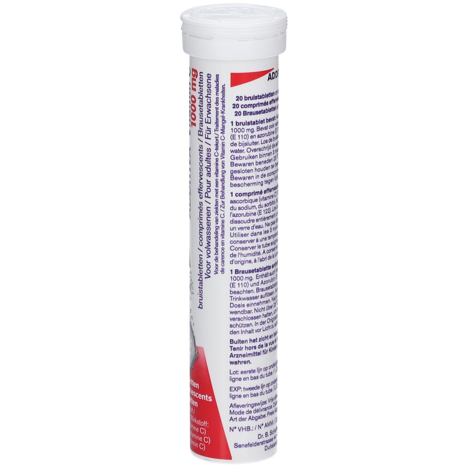 Tube Additiva Vitamin C 1000 mg. Comprimés effervescents. Bouchon blanc, bande rouge. Texte.
