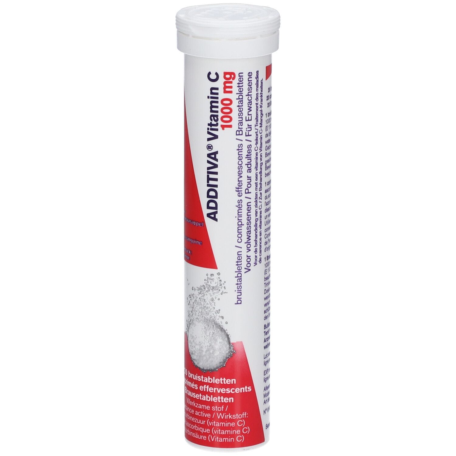 Tube Additiva Vitamin C 1000 mg. Comprimés effervescents. Bouchon blanc, bande rouge. Texte.