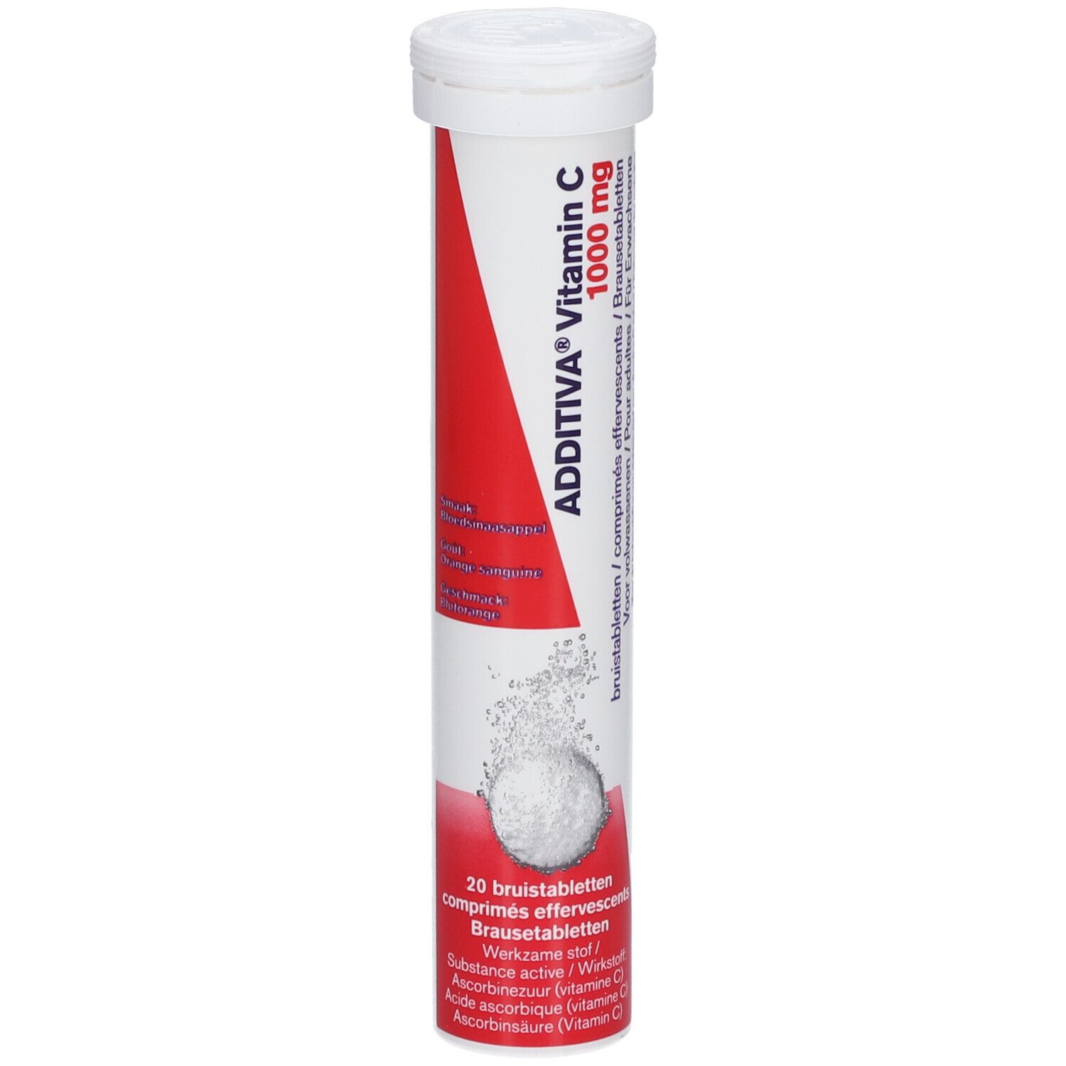 Tube Additiva Vitamin C 1000 mg. Comprimés effervescents. Bouchon blanc, bande rouge. 20 comprimés.