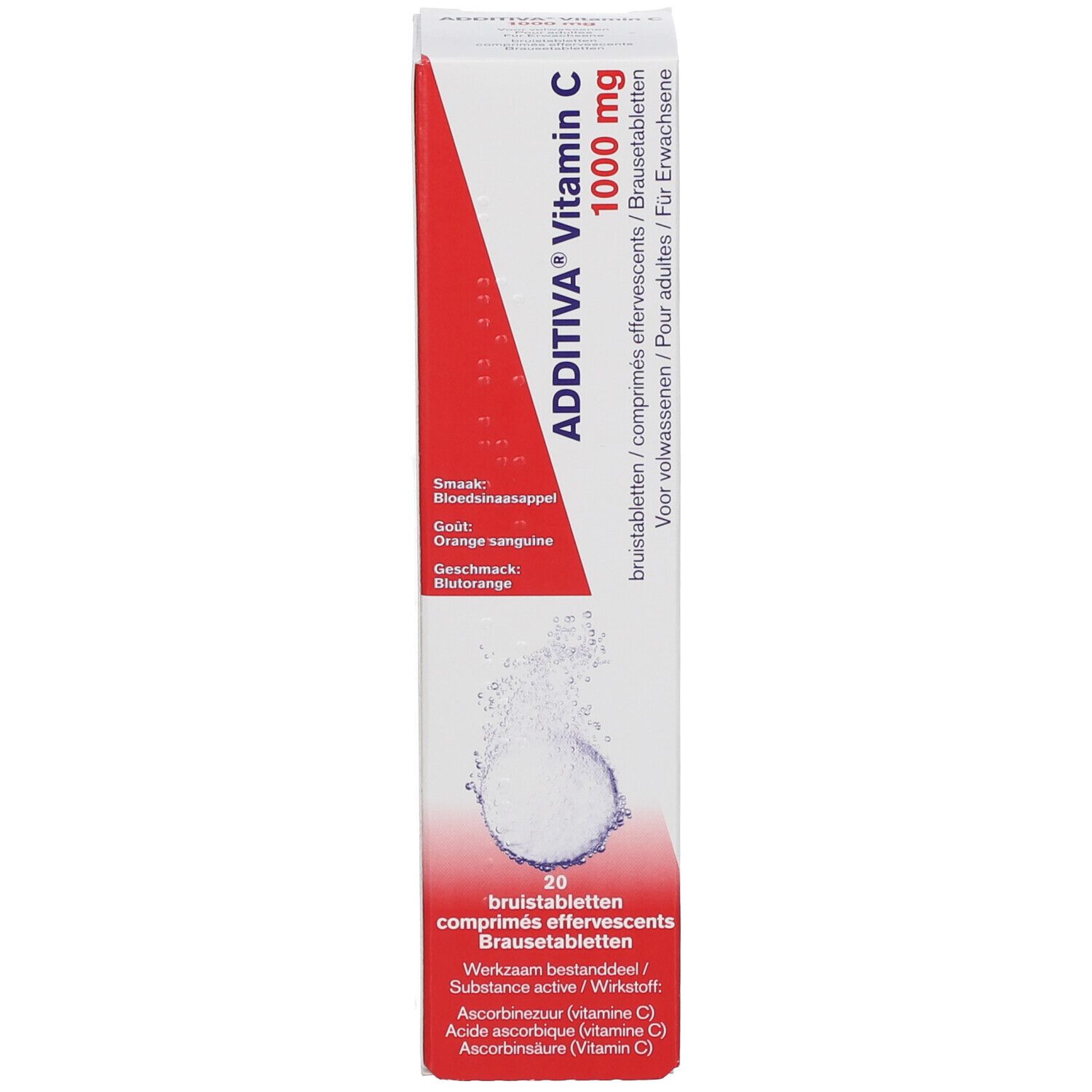 Boîte Additiva Vitamin C 1000 mg. Comprimés effervescents. Bande rouge. 20 comprimés.