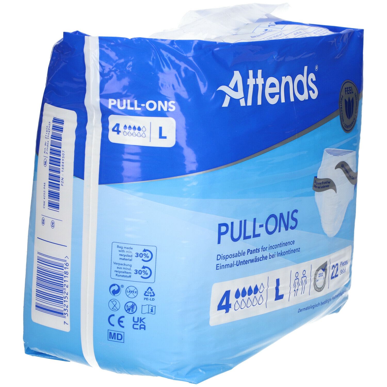 Attends Pull-Ons 4 Large. Emballage bleu. Nom du produit et logo. 4 pièces, taille L. Sous-vêtements jetables pour incontinence.