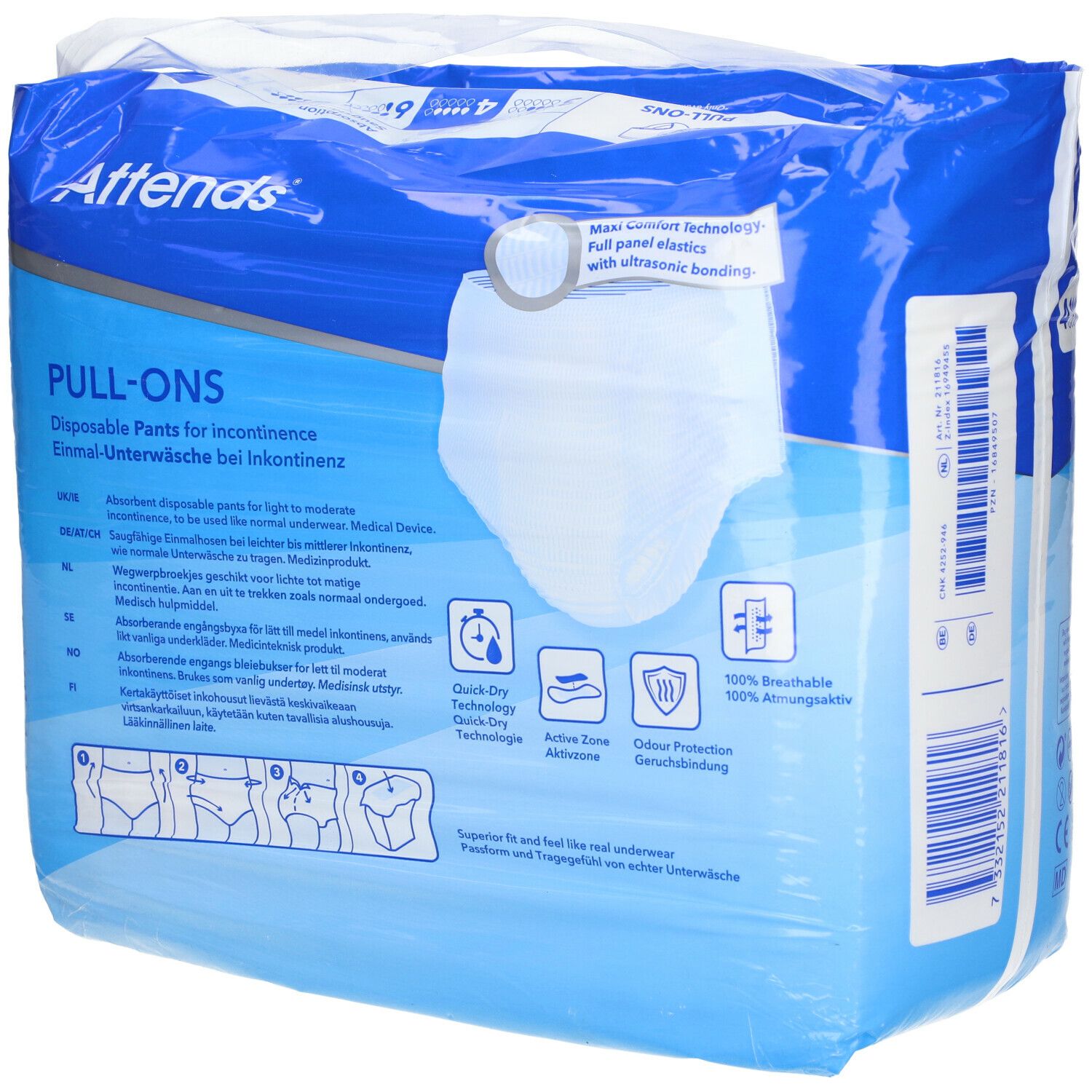 Attends Pull-Ons 4 Large. Emballage bleu. Nom du produit et logo. 4 pièces, taille L. Sous-vêtements jetables pour incontinence.