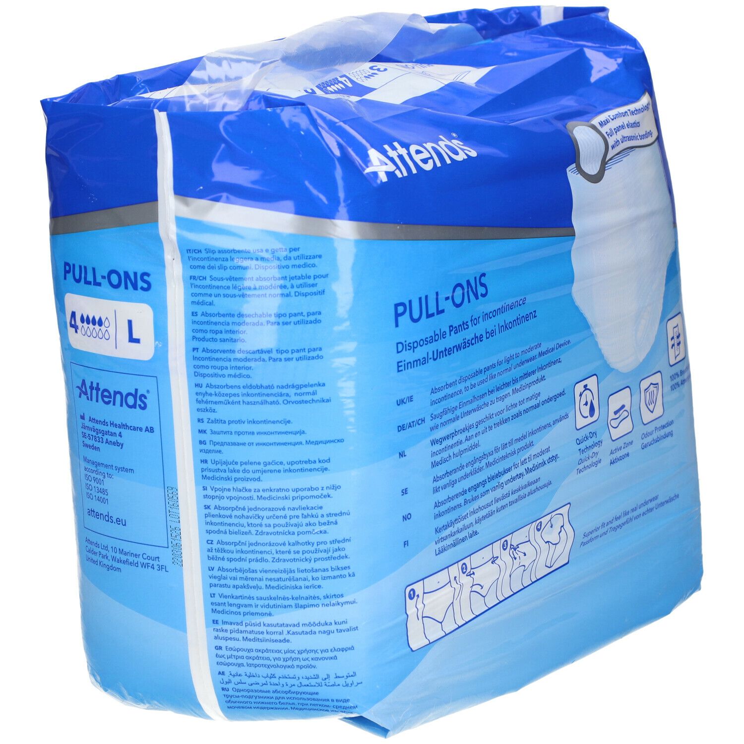 Attends Pull-Ons 4 Large. Emballage bleu. Nom du produit et logo. 4 pièces, taille L. Sous-vêtements jetables pour incontinence.