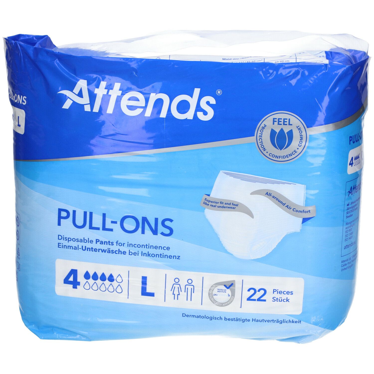 Attends Pull-Ons 4 Large. Emballage bleu. Nom du produit et logo. 4 pièces, taille L. Sous-vêtements jetables pour incontinence.