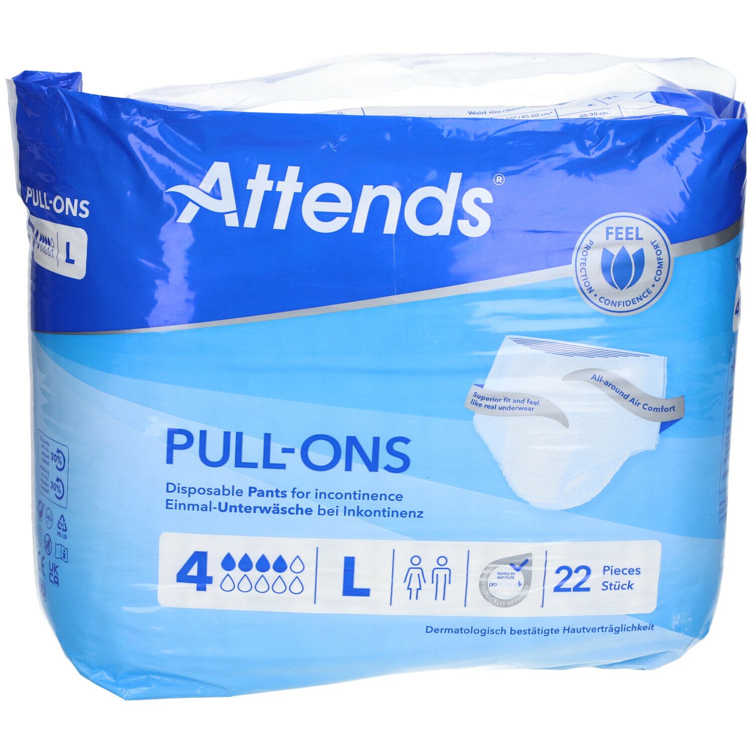 Attends Pull-Ons 4 Large. Emballage bleu. Nom du produit et logo. 4 pièces, taille L. Sous-vêtements jetables pour incontinence.
