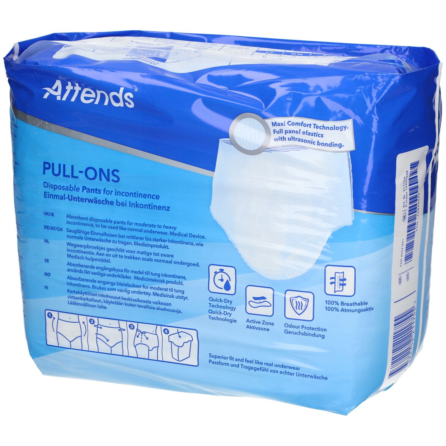 Attends® Slip Pull-Ons. 6 unités, taille S. Emballage avec image et informations sur le produit.