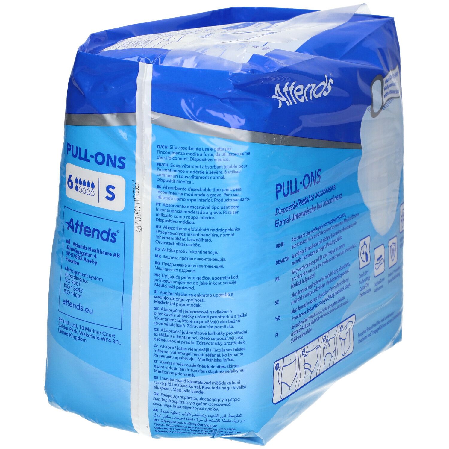 Attends® Slip Pull-Ons. 6 unités, taille S. Emballage avec informations produit et pictogrammes.