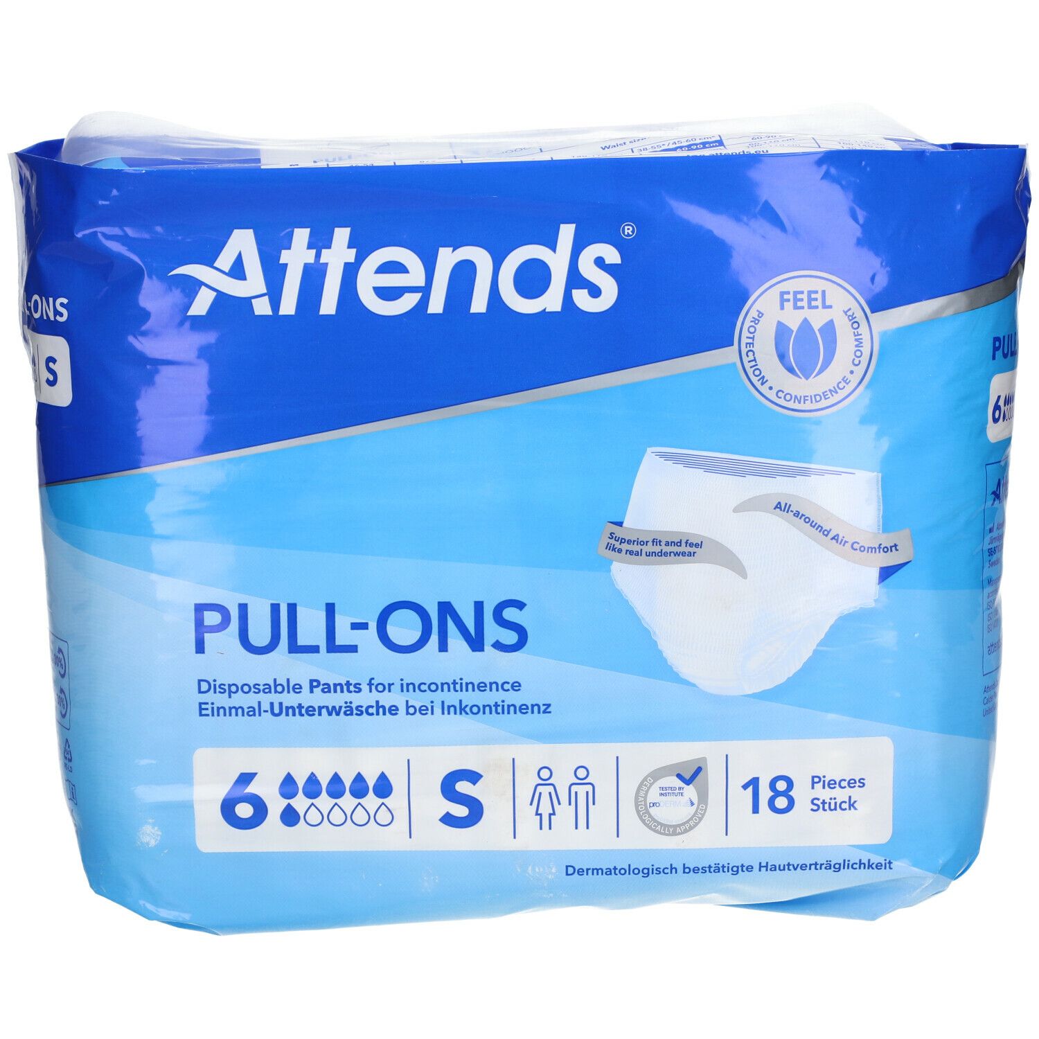 Attends® Slip Pull-Ons. 6 unités, taille S. Sous-vêtements jetables pour incontinence. Emballage avec image du produit.